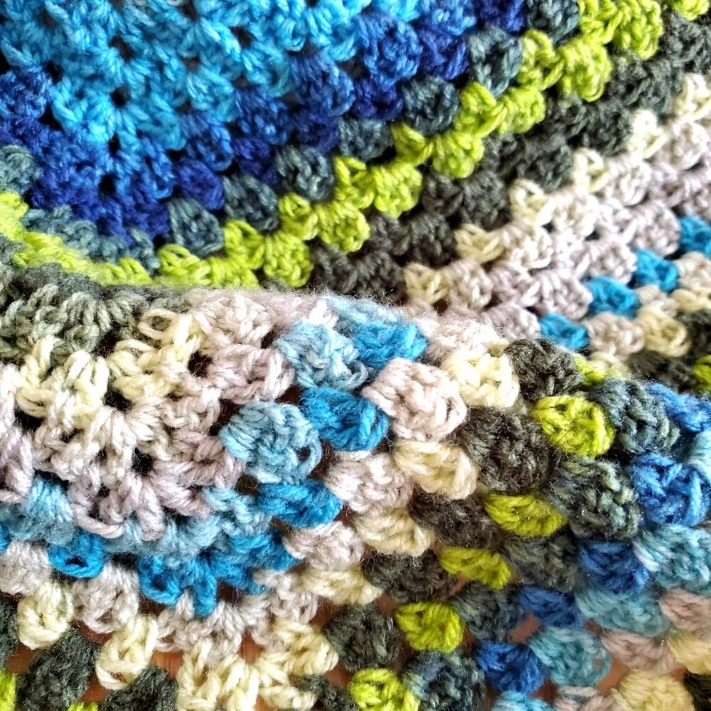 Crochet BABY BLANKET AFGHAN Lap Granny 29" x 29" Green Blue Gray Navy NEW Unisex